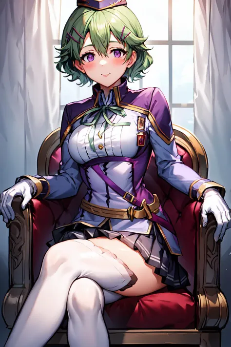 <lora:musseegret-nvwls-v2:1.055>, masterpiece, best quality, musse egret, purple hat, hairclip, green ribbon, purple jacket, white gloves, belt, purple miniskirt, blushing, smile, white net legging, looking at viewer, sit crossed leg on queen chair