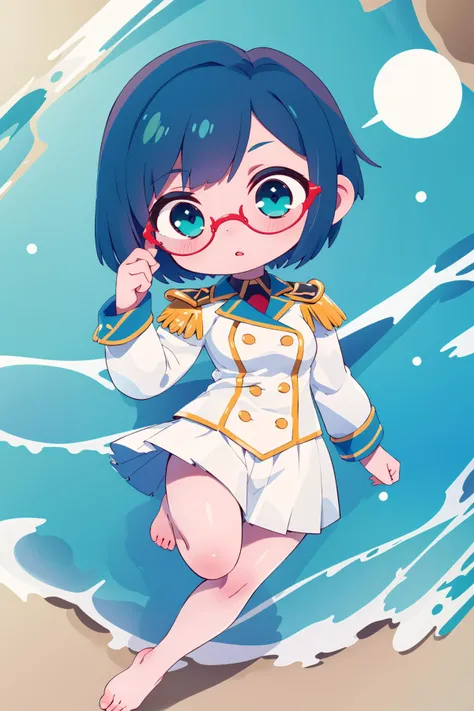 ((masterpiece)), (best quality), official art, extremely detailed CG, unity 8k wallpaper, ultra detailed,
Kasumi, 1girl, solo, military uniform, white  jacket, epaulettes, green eyes, blue hair, short hair, white skirt, red glasses, 
 (barefoot:1.2), beach, ocean, (chibi:1.4), 
<lora:Kasumi_LoRa:0.7>