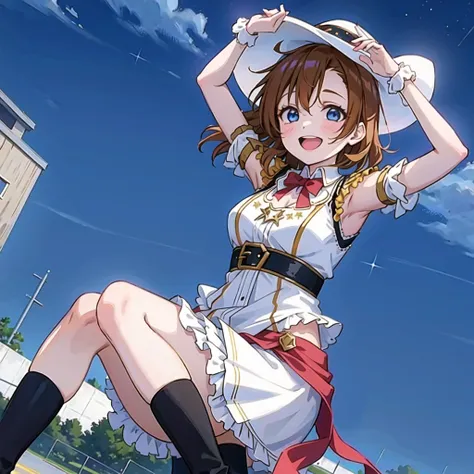 masterpiece, best quality, 1girl, solo, night sky, outdoors, moon, stars, clouds, wind, medium hair, boots, witch, smile, red eyes, arms up, cleavage, tree, night,