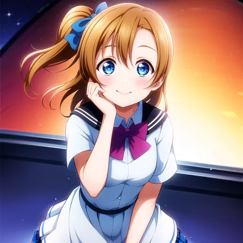 1girl, solo,(best quality),(masterpiece:1.1),blue (school uniform:1.4),dress, looking_at_viewer, neck_ribbon, smile, black eyes , studio background, cute, clear facial skin
