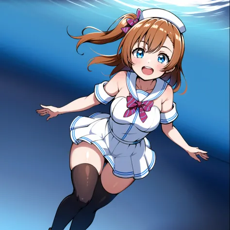 best quality, wavy hair, ultra high res, 1girl, full body, bare shoulders, half body under water,cinematic angle,from behind,thigh gap,cleavage,revealing,see-through,professional lighting,thighhighs,sailor collar,necklace,