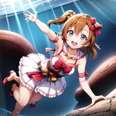 best quality, wavy hair, ultra high res, 1girl, full body, bare shoulders, half body under water,cinematic angle,from behind,thigh gap,cleavage,revealing,see-through,professional lighting,thighhighs,sailor collar,necklace,