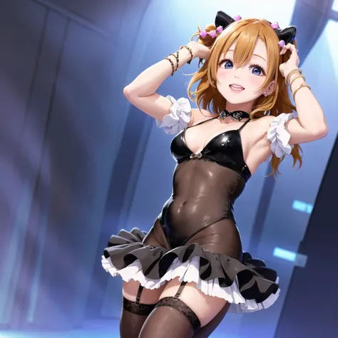 best quality, ultra high res, 1girl, solo focus, ((black mini see through dress)), elbow dress, black thighhighs, frills, ribbons, studio background,floating hair, looking at viewer, facing front,