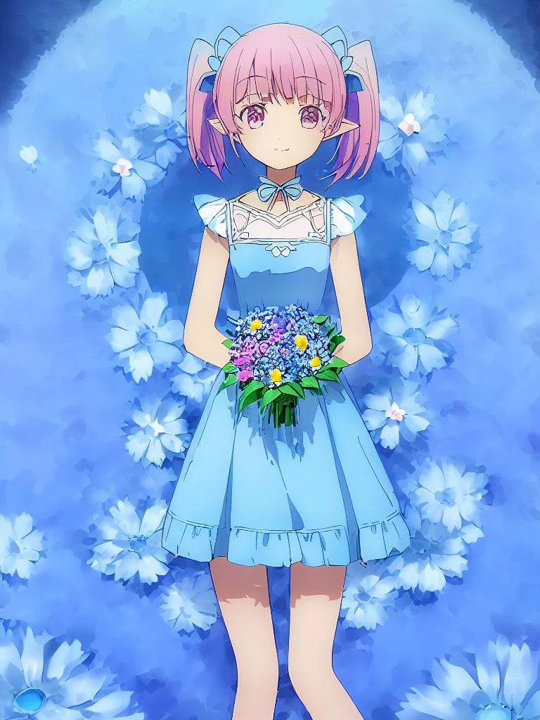 (solo:1.5), (elf:1.3), (teen girl:1.0), (thin waist:0.5), (looks at the viewer:1.5),
(dark pink hair:1.5), (short hair:1.5), (short twintail:1.2), fluffy ponytails, sidelocks, (twintail light blue ribbons:1.5), blunt bangs,
(beautiful face:1.5), (oval face:1.2), (pointed chin:1.0), (magenta eyes:1.5), (sharp look:1.5), (kind look:1.5), (kind smile:1.3), (smug smile:0.8), (happy smile:1.2),
(loose sundress:1.5), (long dress:0.7), (light blue dress:1.5), (symmetrical dress:1.5), (dark blue geometric ornament dress:1.4),
(BG flower meadow in a fairy forest with bluebells, cornflowers, daisies and poppies, the rays of the sun break through the crown:1.2), straight horizon,
(stands in the middle of the frame and holds a bouquet of daisies in his hands:1.2),
masterpiece, best quality, ultra-detailed, intricate detail, detailed beautiful face and eyes, 8k, beautiful lighting, digital art, perfect hands, perfect anatomy, vector graphics