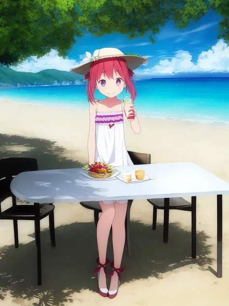 teenager, (solo:1.5), (1girl:1.5), (narrow hips:1.5), (thin legs:1.5),
majestic, graceful, noble, cute, self-confident, benevolent, proud, mischievous, playful,
(thick hair:1.3), (dark pink red hair:1.5), (short hair:1.5), (short twintail:1.5), (thin sidelocks:1.5), (twintail ribbons:1.5), blunt bangs,
oval face, pointed chin, (violet eyes:1.3), (sharp look:1.3), (kind smile:1.2), (smug smile:0.5), (happy smile:0.3), (restrained smile:1.5),
((masterpiece)), best quality, masterpiece, best quality, highres, uhd, concept art, line art,
(white summer dress with a floral pattern:1.1), (straw hat with large white flower:1.1), sea beach, the sun's rays break through the clouds, long shot, dynamic pose, (sits at a table in a summer beach cafe and drinks pina colada in coconut:1.1)