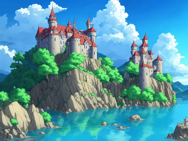 illustration of a castle on a mountain, anime style, colorful, water, rocks, trees, cloudy, vivid sky, saturated, anime characters in the area <lora:Vector_illustration_V2:0.3> <lora:animemix_v3_offset:0.7>