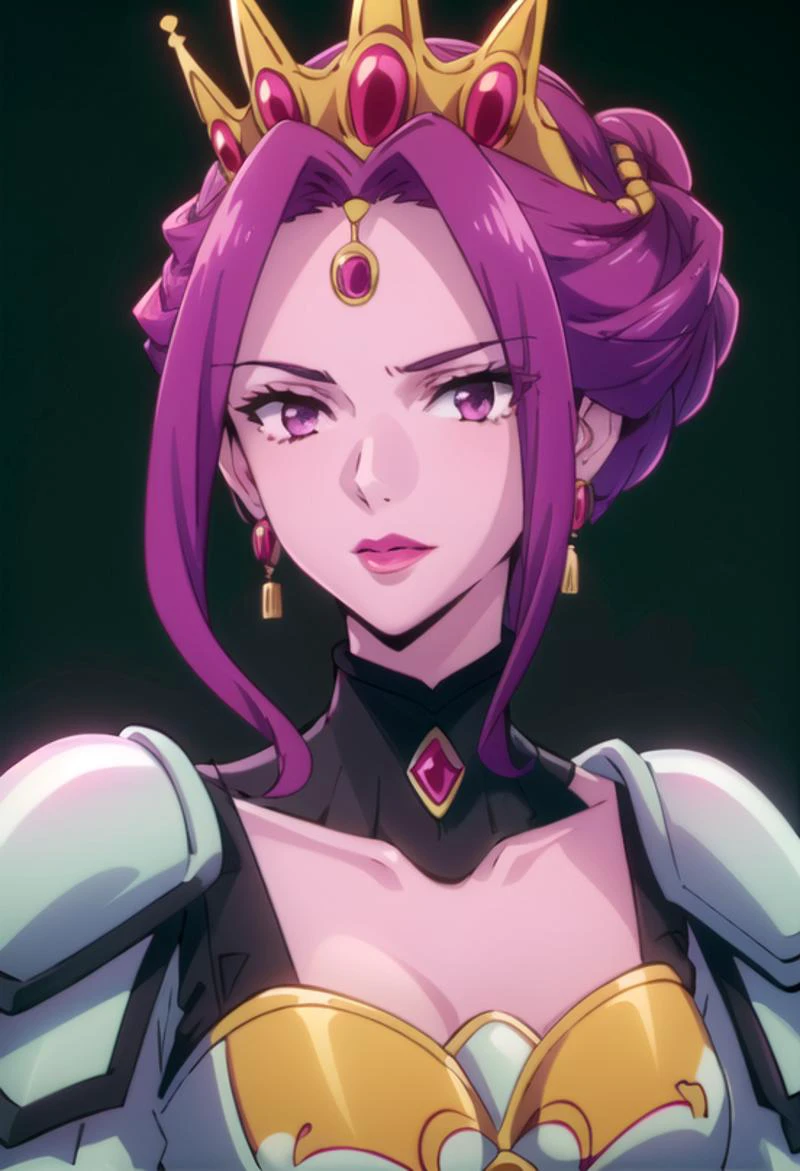 (masterpiece:1.4), (high res), HD, 4k, ((best quality:1.3)), beautiful face, detailed face, ultra-detailed, realistic,<lora:anime_screencap_v2:.3> solo focus, solo, zoomed in,(close-up face shot:1.3), facing viewer, (black background:1.2, plain background:1.2, simple background:1.3), (looking at viewer), 1girl, BREAK, smirk, (<lora:eft_shield_queen:0.85> EFT_Shield_Queen, 1girl, jewelry, purple hair, solo, purple eyes, earrings, crown, long hair, armor, dress, upper body, single hair bun, gem, hair bun), (<lora:ColoredLipstick:1> (pink lips) (lipstick, pink lipstick)), <lora:lukethighwalkerneonsd15v7:.7> (glowing neon purple dress), (glowing neon purple eyes)