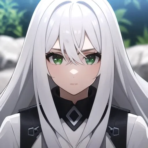 1girl, portrait, upper body, looking at viewer, facing viewer, white hair, hair between eyes, green eyes, long hair, anime screencap <lora:animeScreencapStyle_v230epochs:0.6>