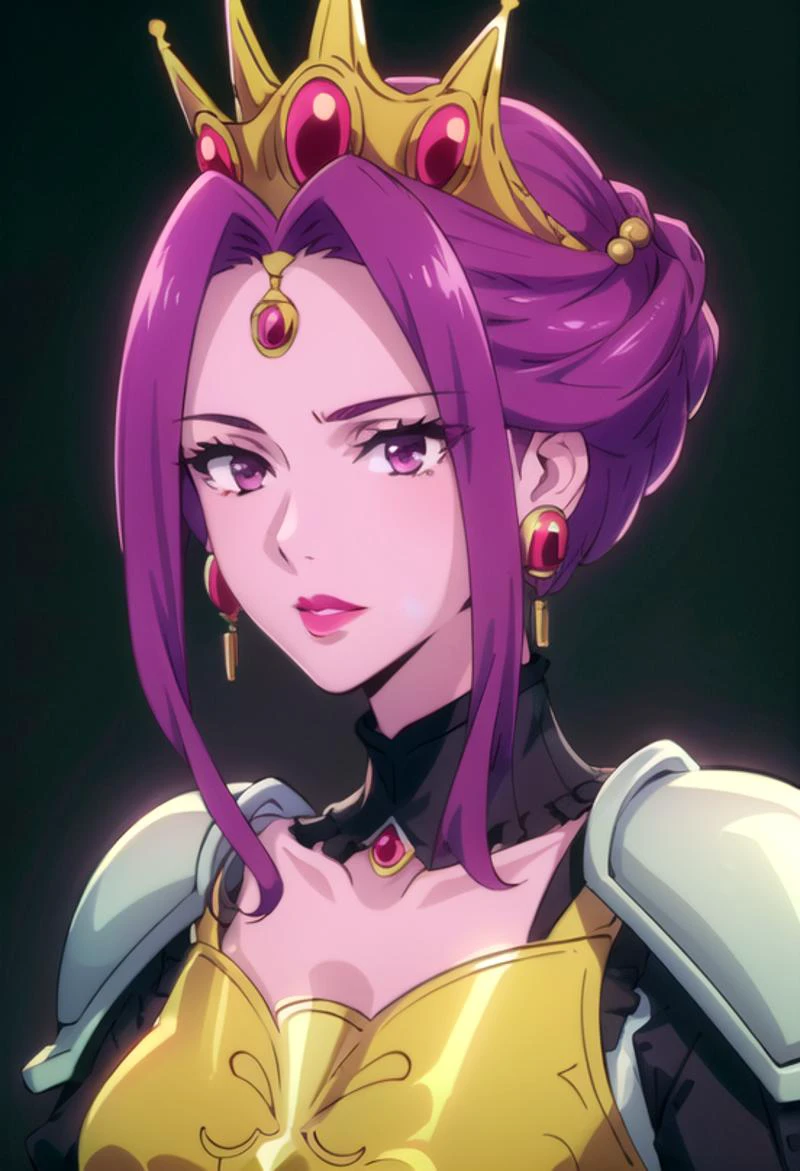(masterpiece:1.4), (high res), HD, 4k, ((best quality:1.3)), beautiful face, detailed face, ultra-detailed, realistic,<lora:anime_screencap_v2:.3> solo focus, solo, zoomed in,(close-up face shot:1.3), facing viewer, (black background:1.2, plain background:1.2, simple background:1.3), (looking at viewer), 1girl, BREAK, smirk, (<lora:eft_shield_queen:0.85> EFT_Shield_Queen, 1girl, jewelry, purple hair, solo, purple eyes, earrings, crown, long hair, armor, dress, upper body, single hair bun, gem, hair bun), (<lora:ColoredLipstick:1> (pink lips) (lipstick, pink lipstick)), <lora:lukethighwalkerneonsd15v7:.7> (glowing neon purple dress), (glowing neon purple eyes)