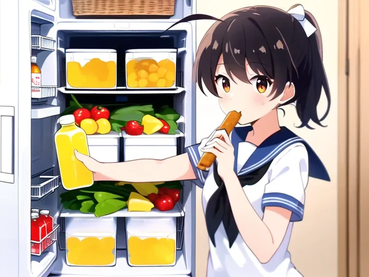 (((masterpiece))),((best quality)),anime screencap, side view,
((high school girl)),((one girl)), taking food from fridge,
black hair,((ponytail with white hair band)), very short side hair, floating hair, (((very long ahoge stretch forward))),
cute detailed (brown) eyes, big (((round))) eyes,((((wide eyed)))), (looking at viewer),
((((surprised)))), eating stick bread, (right hand holding juice bottle),
small size breasts, short body, thin body, cute,
(white sailor uniform) AND short sleeves,
indoor background, opened fridge,
<lora:animeScreencapStyle_v230epochs:0.4>