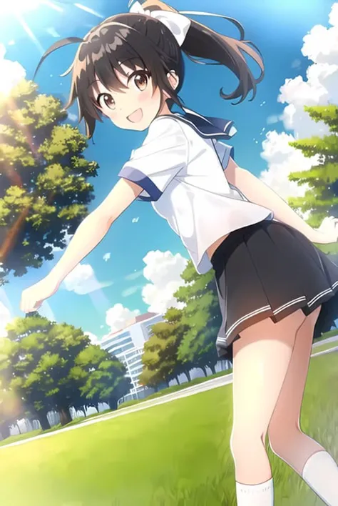 (((masterpiece))),((best quality)),anime screencap,
((high school girl)),((one girl)),
black hair,((ponytail)),white hair band, very short side hair, floating hair,((((very long ahoge stretch forward)))),
cute detailed (brown) eyes,big (((round))) eyes,((wide eyed)),
big smile, very happy,
small size breasts, short body, thin body, cute,
(white sailor uniform) AND short sleeves AND (black skirt),
park background, sunshine,
<lora:animeScreencapStyle_v230epochs:0.5>