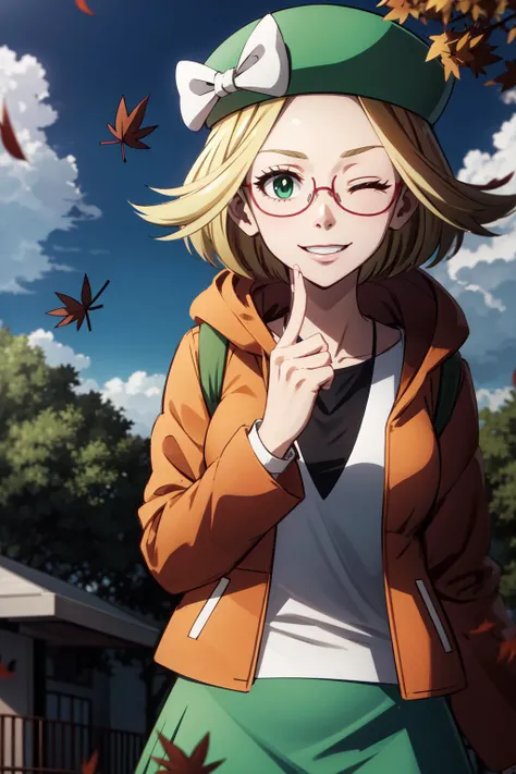 masterpiece, absurdres, Bianca \(pokemon\), solo, (close-up:1.1), facing viewer, looking at viewer, smirk, (one eye closed:1.2), standing, white shirt, orange jacket, green skirt, green headwear, hat bow, white bow, red-framed eyewear, (glasses:1.1), outdoors, park, wind, (falling (leaves:1.2)), summer, clouds, grass, <lora:BiancaBW2Lora:0.6>, wallpaper, sidelighting, <lora:Animemix-v3:0.6>