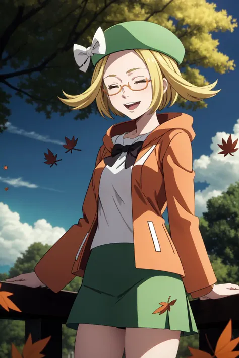 masterpiece, absurdres, Bianca \(pokemon\), solo, portrait, one eye closed, :p, standing, white shirt, orange jacket, green skirt, green headwear, hat bow, white bow, glasses, outdoors, park, wind, looking at viewer, smile, (falling (leaves:1.2)), summer, clouds, grass, <lora:BiancaBW2Lora:0.6>, wallpaper, sidelighting, <lora:Animemix-v3:0.75>