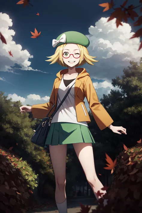 masterpiece, absurdres, Bianca \(pokemon\), solo, 85mm f1.4, facing viewer, looking at viewer, grin, (one eye closed:1.2), standing, white shirt, orange jacket, green skirt, green headwear, hat bow, white bow, red-framed eyewear, semi-rimless eyewear, outdoors, park, wind, (falling (leaves:1.2)), summer, clouds, grass, <lora:BiancaBW2Lora:0.6>, wallpaper, sidelighting, <lora:Animemix-v3:0.6>