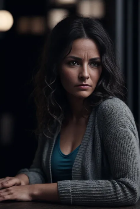 intricate, (medium shot), white woman in her mid 30s, (looking up at viewer), ((gloomy expression)), highly detailed, medium length wavy black hair, (curly hair:0.9), ((jewish)), light gray t shirt, seated at long table, dark theme, large closed book on table, light knit cardigan, detailed face, visible pores, (freckles:0.6), (evangelinelilly:0.4), <lora:LowRA:1>, <lora:lora_dopfunk_evangelinelilly_16:0.4>