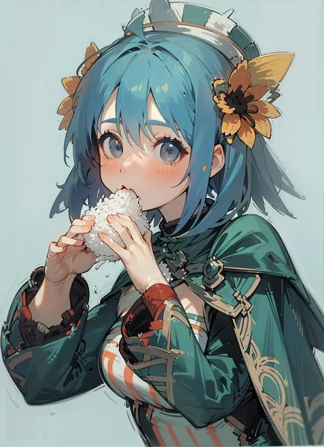 1girl,blue hair,<lora:eruru:1>,eating rice,upper body