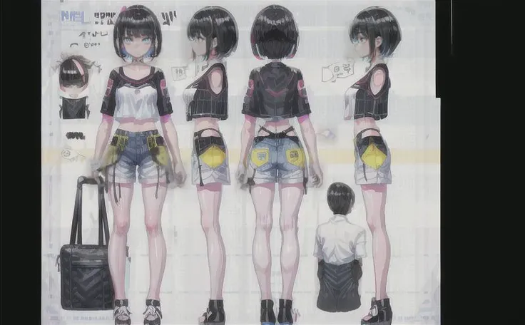 multiple views, 1girl, short black hair, blue eyes, wearing plain white shirt, denim shorts, high res, ultrasharp, 8K, (((full body))), vivid color, rim light, colorful, high contrast, sharp image, <lora:multiple views:1.5> <lora:more_details:0.8>