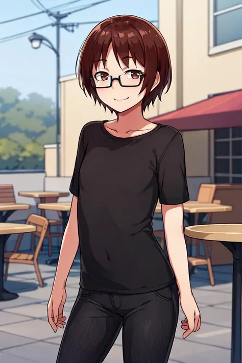 masterpiece, best quality, detailed face, detailed eyes, <lora:HUBay:0.5>, HUBay, brown hair, short hair, flat chest, brown eyes, glasses, light smile, outdoors, cafe, standing, table, chair, t-shirt, striped shirt, pants, cowboy shot,