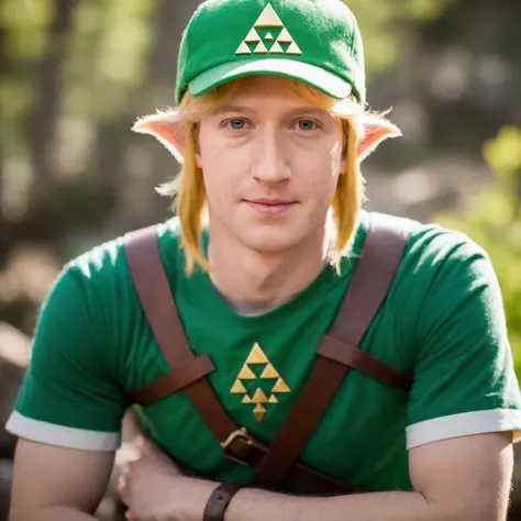 cinematic photo (((ohwx man))) a silent hero As Link from The Legend of Zelda, braving dungeons and confronting evil, tirelessly working to save the land of Hyrule and Princess Zelda., Hair blonde and often peeking from beneath his green hat, an emblem of his eternal courage and quiet determination. <lora:markzuckSDXL_128:1> . 35mm photograph, film, bokeh, professional, 4k, highly detailed