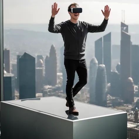 cinematic photo ((ohwx man)) stepping into the void about to fall from the edge of a skyscraper roof wearing a VR headset <lora:markzuckSDXL_128:1> . 35mm photograph, film, bokeh, professional, 4k, highly detailed