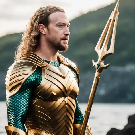 cinematic photo (((ohwx man))) a warrior of the seas As Aquaman/Arthur Curry, the King of Atlantis, striving to bridge the worlds of land and sea., Trident and golden armor, representing his royal lineage and his dominion over the oceans. <lora:markzuckSDXL_128:1> . 35mm photograph, film, bokeh, professional, 4k, highly detailed