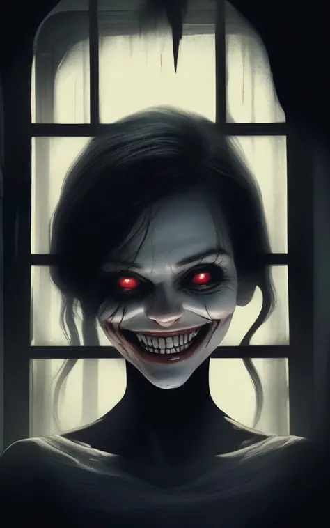 A dark horror scene featuring a grinning woman in an old creepy house