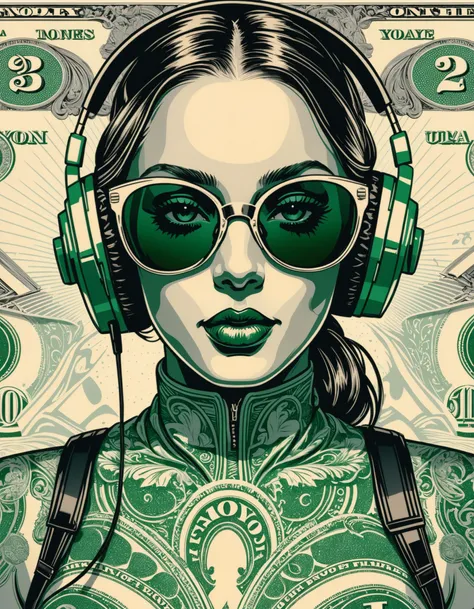 illustrative lineart:1.4 masterpiece in style of playboy centerfold, chest image ,((Engraved Money Effect)), in two tones, light gray and dark green, ultra intricate detail, 32K, UHD, depth of field, contrast shadow,(( old cinema Poster)), earbuds, boley sunglasses, 
futuristic sci-fi ,posing for photoshoot, stretching hand up and back, ((unclipping paint))