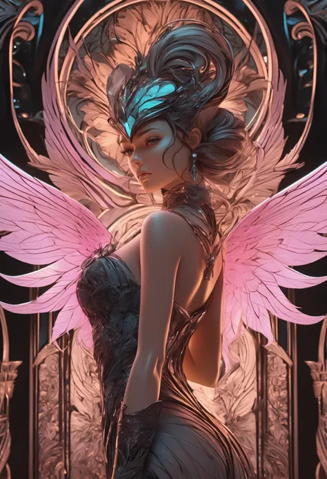 thighs-up,RAW, ((((masterpiece)), photorealistic)), professionally detailed, ultra-high detail, sharp, insanely detailed, hyperrealism, orangeblack, woman in the style of aaron horkey, Digital art, lineart made of bright neon lights, pink, woman in the style of aaron horkey, in the style of tom whalen, Digital art, lineart made of bright contrasting tone lights, teal, black, pink, dark-blue, (masterpiece:1.2), best quality, (hyperdetailed, highest detailed:1.2) , high resolution textures, (ethereal glow:1.1), professional, highly detailed,