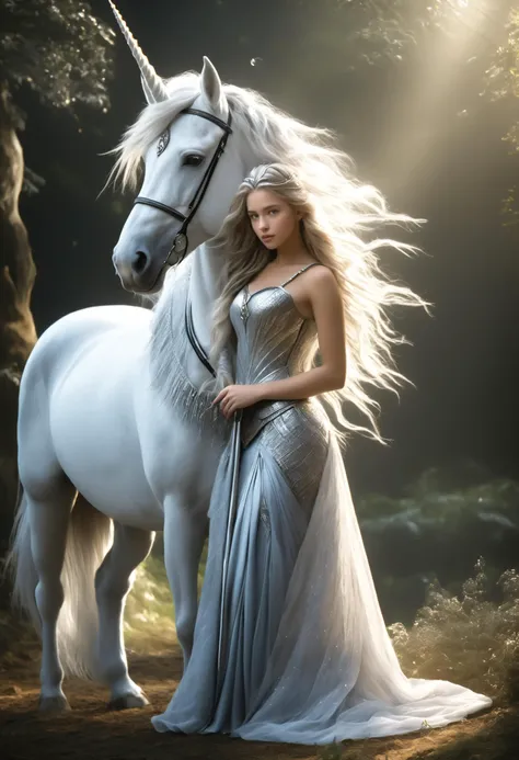 Craft an unparalleled 32K UHD photograph, a masterpiece set in a mesmerizing fantasy realm. Central to this domain, a 19-year-old girl exudes an ethereal grace. Her hair, a cascade of soft silver, shimmers like woven moonbeams, contrasting with her royal grace, she is riding a unicorn, which hint at her enigmatic heritage. her fancy cloth a testament to her dual existence, merging flawlessly with her captivating allure. beside Her , pale and finely detailed, tell a silent tale of her demonic ancestry; each line and curve is a subtle echo of her ancient lineage. on her shoulder, a majestic Griffin stands, its presence both noble and mysterious. Their bond is palpable, a blend of innocence and ancient mysticism. The scene is awash in a sublime natural light, which not only illuminates but also transcends the surreal elements of this otherworldly setting. The light plays through her hair, accentuates the dramatic curve of her hair, and bathes her Griffin companion in a noble radiance, against a backdrop vibrant and ethereal. This composition masterfully balances light and shadow, lending depth and a tangible texture to every element. This photograph transcends mere visual appeal; it's an odyssey into a realm where reality and fantasy merge. The viewer is not just an observer but is drawn into a world where beauty, mystery, and joy intertwine, embodied by this wizard girl and her mythical Griffin. It captures not just a moment, but the very essence of their otherworldly existence, frozen in time. in style of P14n03l3g4nt3b0n3