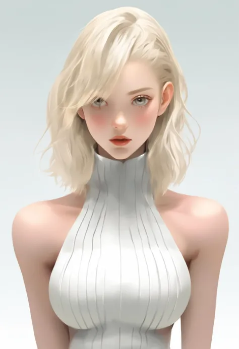 1girl ,score_9, score_8_up, score_7_up, raw,32K, UHDR, (ultra-quality:1.6), DENNIS MUKAI artist style , centerfold poster , plain background, minimal , pale blonde, illustration, clear, clean, Cinematic Lighting, Painstaking Attention To Details