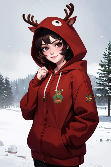 (masterpiece, best quality:1.2), solo, 1girl, lass, smile, looking at viewer, reindeer costume, hood up, outdoors, snowing <lora:lass-pokemonhgss-richy-v1:0.8> <lora:reindeer-outfit-richy-v1:1>