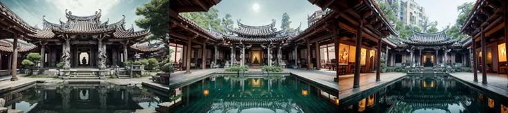 (otherworldly, otherworldly atmosphere, otherworldly appearance), highly insanely detailed, masterpiece, top quality, best quality, highres, 4k, 8k, RAW photo, ((ancient egyptian theme:1.2)), Hong Kong structure, structure, 
(mystical theme), mystical gatmosphere, arcane sanctuaries, otherwordly aura, 
(long_hair, long hair, random colors hair, glowing hair, hair over one eye, long messy hair), 
(eyelashes, eyeliner, eyeshadow, eyelashes, long eyelashes), 
collar, earrings, jewelry, necklace, armlet, 
tentacle, (underwater), nsfw, 
Homestay, Resort, (Guest House:1.1), 
building, structure, swirling energy, 
action pose, 
drunk, 
high-heels, 
reflection, reflective floor, 
shawl, 
abandoned building, shopping mall, overgrown with vegetation, [volumetric fog], cinematic lighting, colorfu, 
belly bottom, erotic lingerie, 
architecture, landscape, scenery, east asian architecture, Lukang Longshan temple, (Taiwanese temple, Hokkien architecture, Southern Min architecture) East Asia, vintage, historical, heritage, trational, ancient, wooden structure, orange tiled roof, upward curve ridge roof, trees, <lora:lk310_lora:0.8>, (fantasy world)