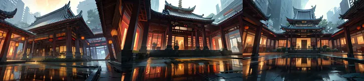 In front of the building there is a fountain with a fountain head, Taoist temples and monks, immortality fountain, Fountain in the middle, chengwei pan, guangjian, author：Wang yi, author：Wang Jian, Ancient sword, Wu Liu, water temple, inspired by Wang Yi, shaxi, full - view, The fountain, nanquan, author：Han Gan