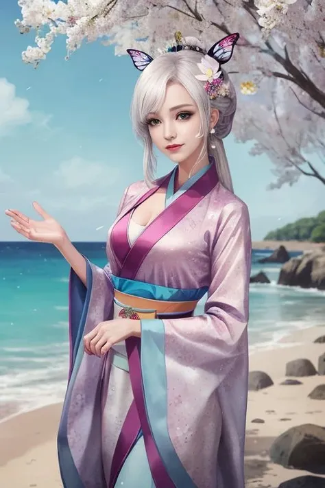1girl,white hair,white hanfu,small breast
,waving hand,Colorful butterfly arround,sea background <lora:sanguogirls_v1-000001:1>