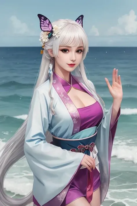 a really beautiful Japanese woman smiling with big sagging breasts posing as Emilia from RE:ZERO with long silver hair and ultra-detailed purple eyes and curvy body, cleavage, 1 girl, realistic and detailed eyes