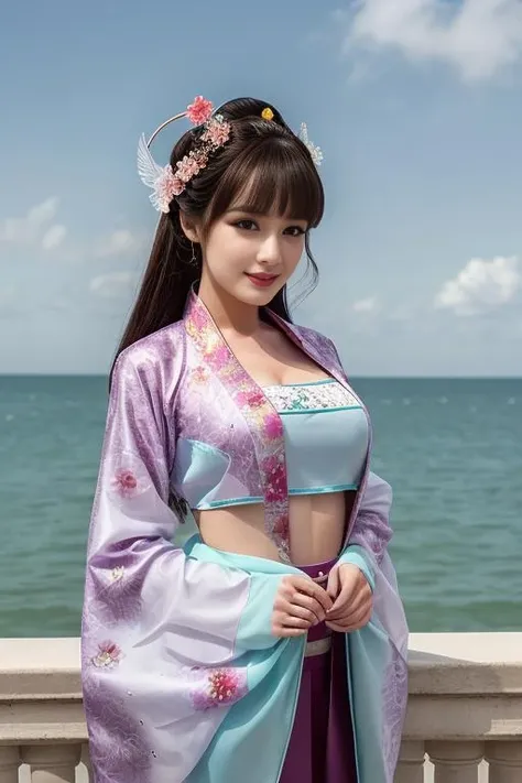 1girl,white hair,white hanfu,small breast
,waving hand,Colorful butterfly arround,sea background  <lora:sanguogirls_v1-000001:1>