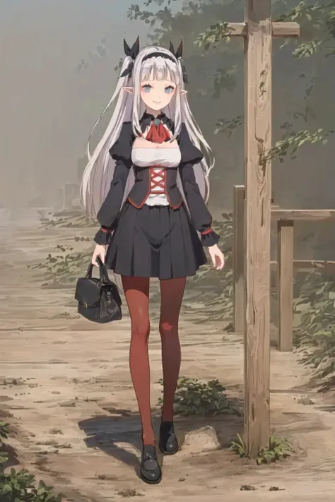 ((masterpiece, best quality, masterpiece)), ((ultra-detailed)), ((high resolution illustration)), ((an extremely delicate and beautiful)) ((1girl)), ((rurushi_ru, 1girl, blue eyes, white hair, two_side_up, straight hair, long hair, pointy ears, blunt bangs, hair ribbon, hair bow, hairband, medium breasts, skinny, narrow waist, wind, floating hair)), ray_tracing, (((beautiful detailed forest village, outdoors))), ((photorealistic)), (smile), (cleavage, red ascot, cross-laced clothes, puffy sleeves, juliet sleeves, dirndl, brooch, black skirt, pantyhose, red legwear, black shoes), (dynamic pose:1.2), (from front) <lora:LuLucy:0.7>