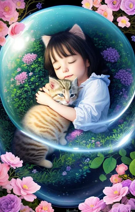 a kitten's dream, depicted as a dream bubble above a sleeping kitten, highly detailed, imaginative, dream style art, painting, cartoon, mystical, magical, inside the bubble is what the kitten is dreaming about, images of trees, flowers, milky, and vivid colors