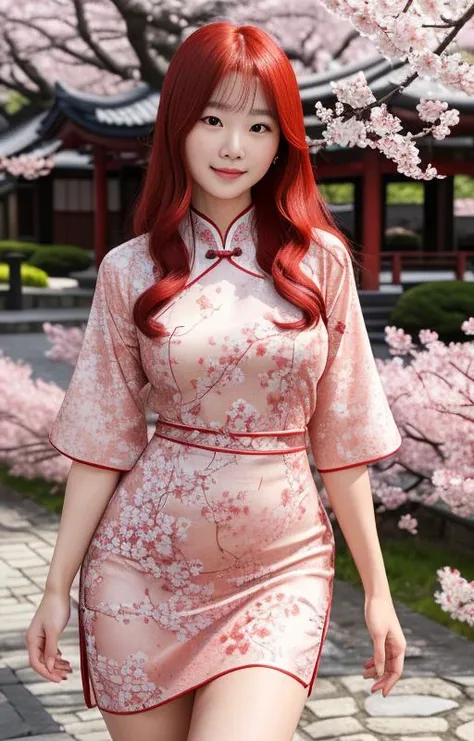 a raw 4k ultra HD photo of a young woman, named Red, with tight, glistening skin, small pores, rosy cheeks, thick thighs, a narrow waist and rib cage, waist length red hair, wearing a short, tight, chinese style dress highly detail, high definition skin texture, defined facial features, high resolution in a seductive pose, red333 standing outside in a cherry blossom tree garden in japan wearing a chinese style dress