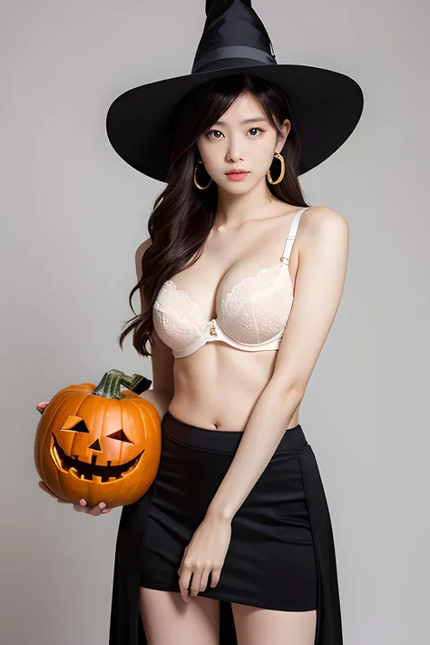 1 woman, solo, Irene Red Velvet, professional, long hair, dynamic hairstyle, earrings, holding pumpkin, glamorous, white background, witch hat, witch makeup, dreamy, shirtless, (black bra:1.1), (long skirt:1.1), front facing, studio shot, heels, long leg, extra details looking at viewer ,model pose, professional lighting