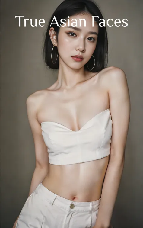 masterpiece, best quality, solo, 1girl, luminous skin, hoop earrings, glamorous, whimsical details, slicked hair, mesmerizing, bare shoulder, crop top, long pants, shallow depth of field, contrapposto, professional model, face front, portrait <lora:InstantPhotoX3:0.5>