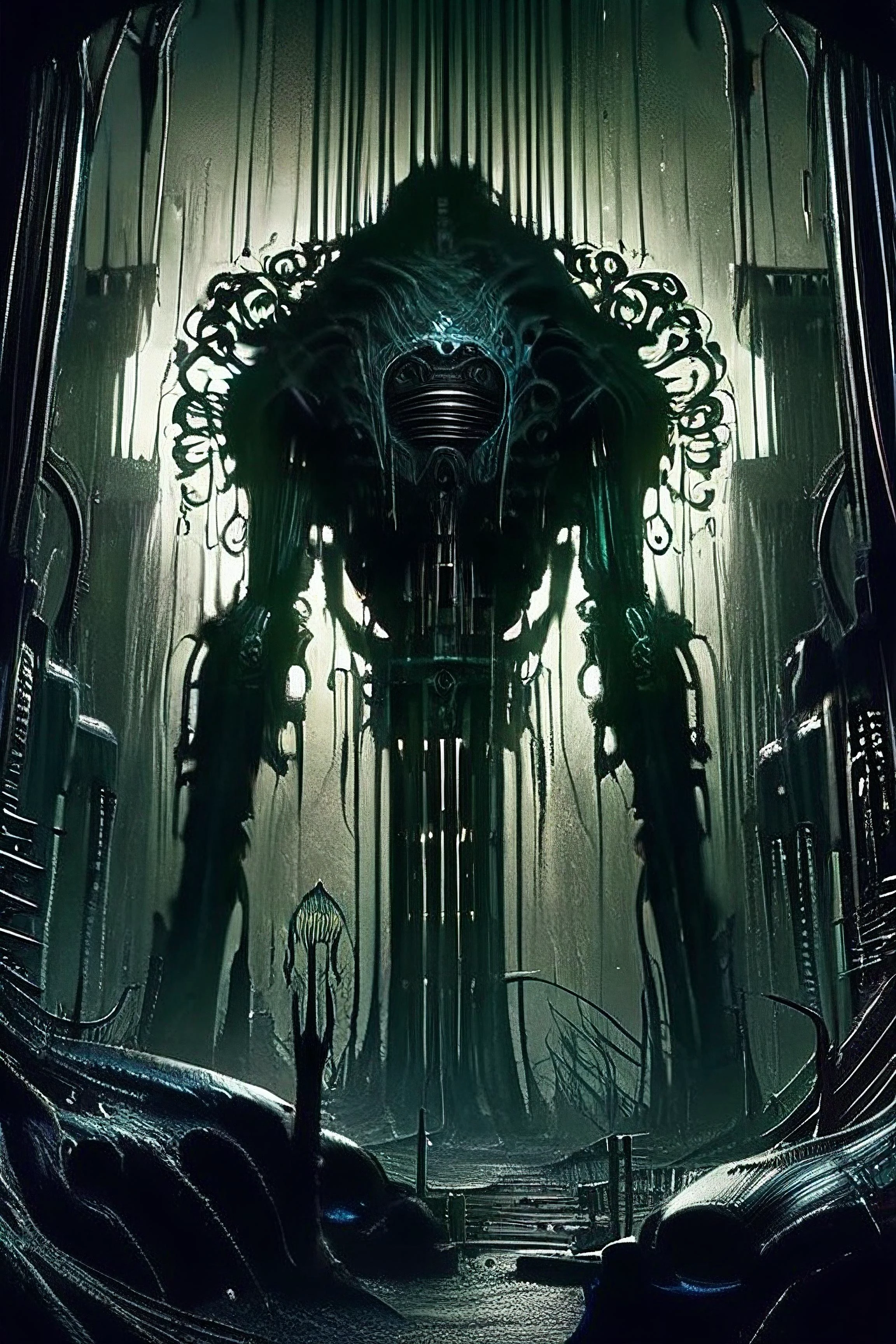 Alien-themed biomechanical style horror-themed (((epic-Ultra-HD-details, epic-Ultra-HD-highlights, epic-photo-same-realistic, upscaled-resolution, optimal)))A bio-mechanical forest taking over a desolate and abandoned dystopian cityscape,crumbling buildings,ruined skyscrapers,destroyed vehicles,remains,tendrils spreading everywhere,mechanical plants and flowers,mechanicals parts,bio-mechanical parts,living metal.,<lora:DonM3v1lM4dn355XL-v1.1:0.8>,DonM3v1lM4dn355XL,<lora:DonMN1gh7rXL:0.8>,DonMN1gh7XL,, eerie, unsettling, dark, spooky, suspenseful, grim, highly detailed,(((text))),((color)),(shading),background,noise,dithering,gradient,detailed,out of frame,ugly,error,Illustration, watermark,(((gothic ink on paper))),H.P. Lovecraft,Arthur Rackham, blend of organic and mechanical elements, futuristic, cybernetic, detailed, intricate . Extraterrestrial, cosmic, otherworldly, mysterious, sci-fi, highly detailed