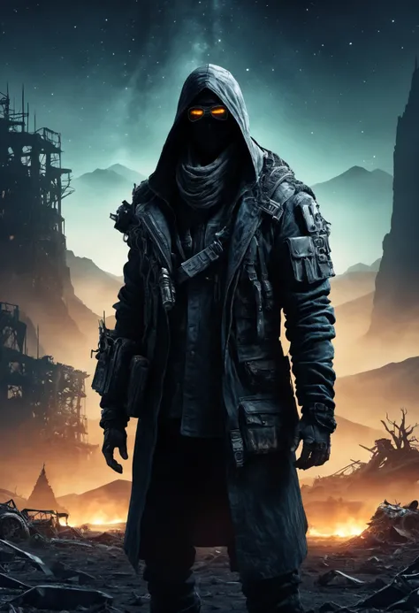 DonMM1y4XL man, DonMN1gh7XL night,  __Bo/christmas/random__, post-apocalyptic wasteland, summit,  <lora:myLora\DonMN1gh7XL-000006:0.7>, <lora:DonMM1y4XL-v2rb:0.7>
