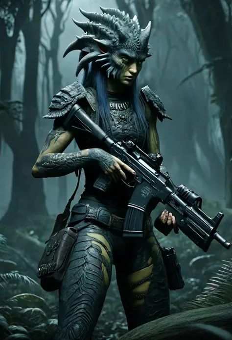 DonMN1gh7rXL night, female jagras, , submachine gun,mottled elven earth, 
<lora:DonMN1gh7rXL-000006:1>