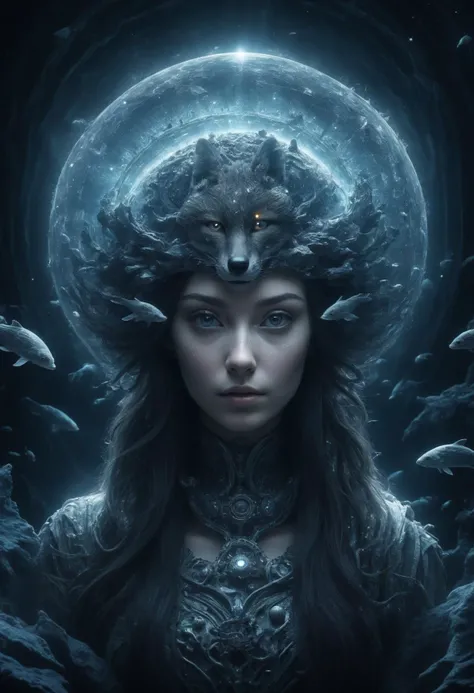 Women's headdress with scale details, a dragon and a white direwolf, and thorns with blood and swords