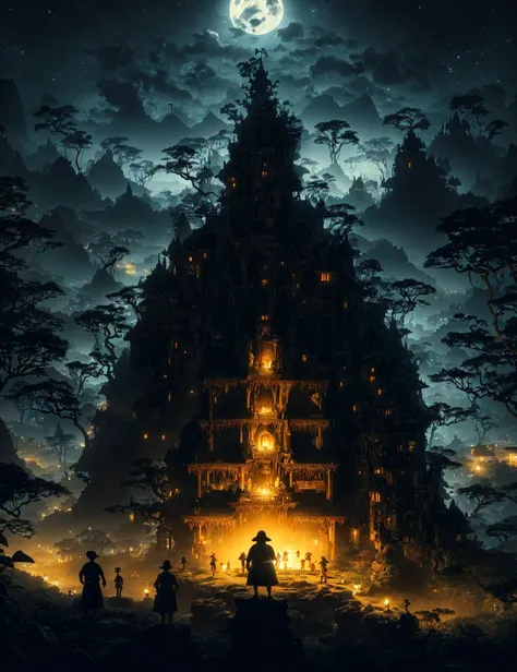 masterpiece, awesome quality, hyper detailed, DonMN1gh7 night, moonlit, menehune, Small humanoid beings from Hawaiian mythology,  superb craftsmanship, secretive and nocturnal,  building incredible structures, helpful, funereal,crepuscular,high-spirited,restrictive,cozy,virtual shopping,illusory,charming ,  <lora:DonMN1gh7:0.8>