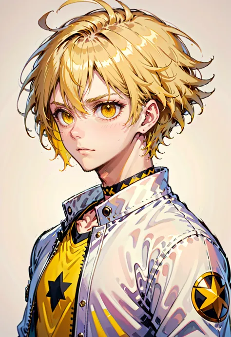 <lora:AgendaMixSDXL:0.8> AgendaMix Style, 1boy, blonde hair, choker, closed mouth, collar, collared shirt, jacket, looking at viewer, male focus, shirt, short hair, simple background, solo, upper body, white jacket, yellow background, yellow eyes, yellow shirt, anime, cartoon