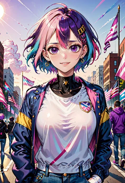 <lora:AgendaMixSDXL:0.8> AgendaMix Style, 1girl, belt, blue hair, blue jacket, blue pants, choker, denim, earrings, flag, gloves, headband, holding, holding flag, jacket, jeans, jewelry, looking at viewer, open clothes, open jacket, outdoors, pants, parted lips, purple eyes, shirt, short hair, multicolored hair, pink hair, sky, smile, solo, torn clothes, torn pants, white gloves, white hair, white shirt, (flat colors, retro anime, transgender pastel colors)