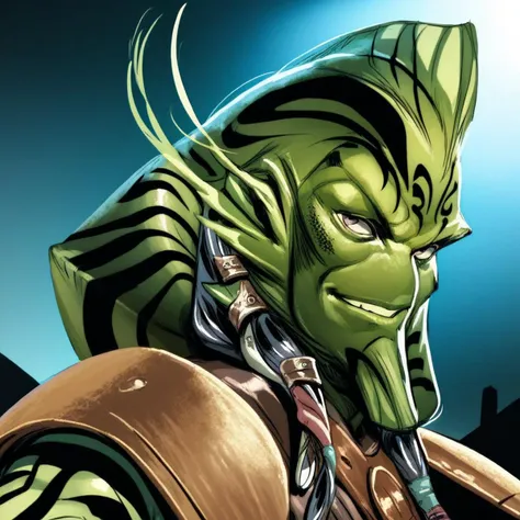 score_9, score_8_up, score_7_up BREAK Kalleran, alien, Star Wars, green skin, tattoo, 1boy, solo, armor, smile