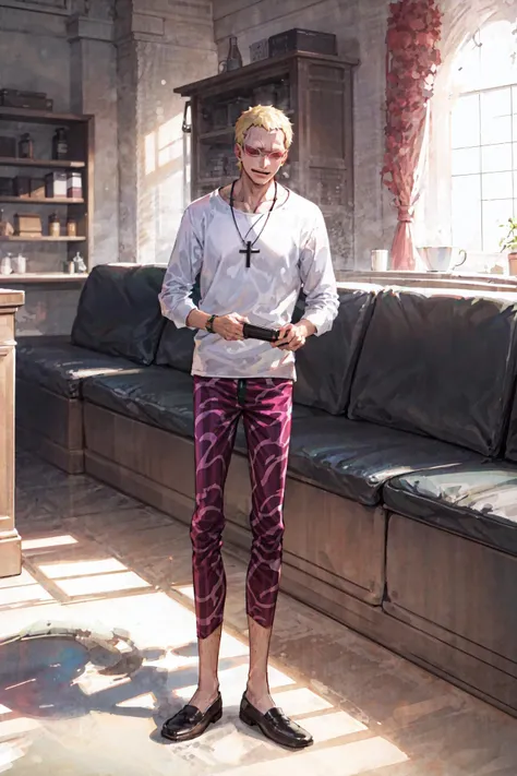 solo, <lora:Doffy-06:1>, doffy , white sweater, cross necklace, jeans, standing